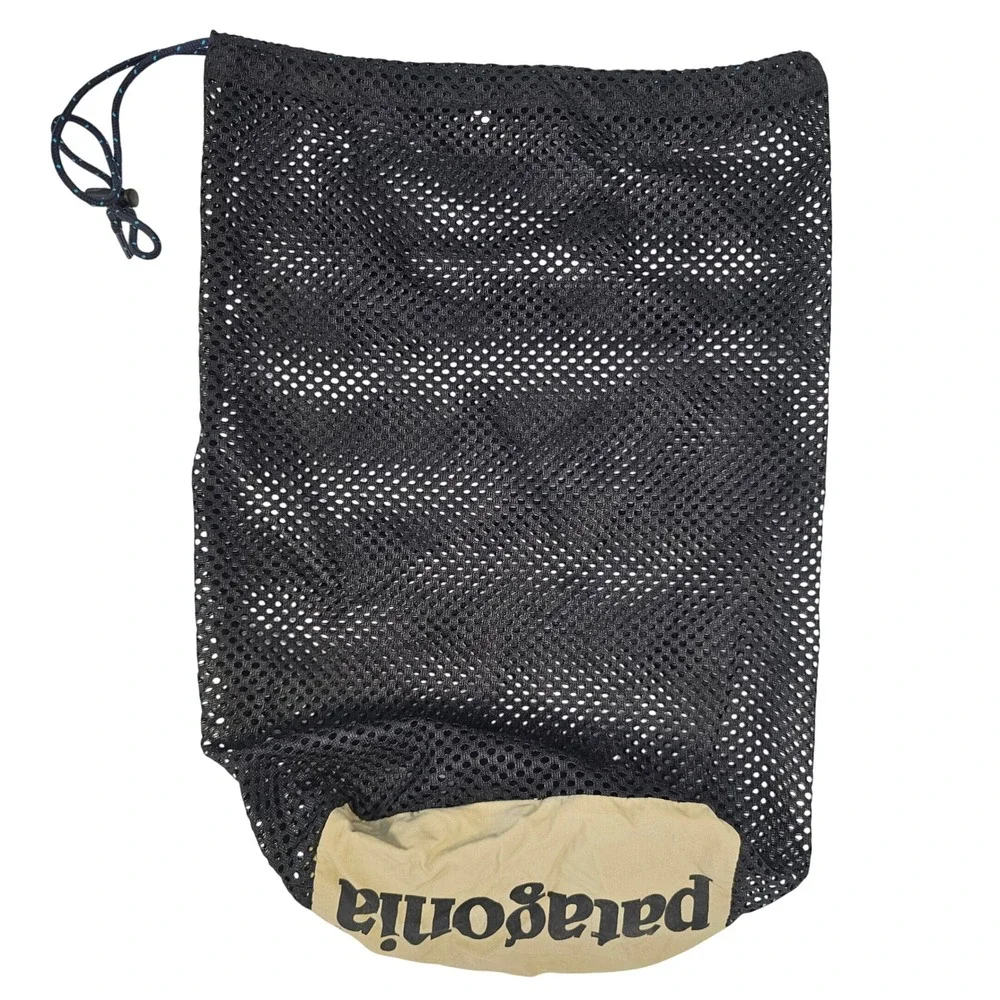 Patagonia Mesh Stuff Sack Drawstring Storage Bag Black Tan Logo Made in Korea